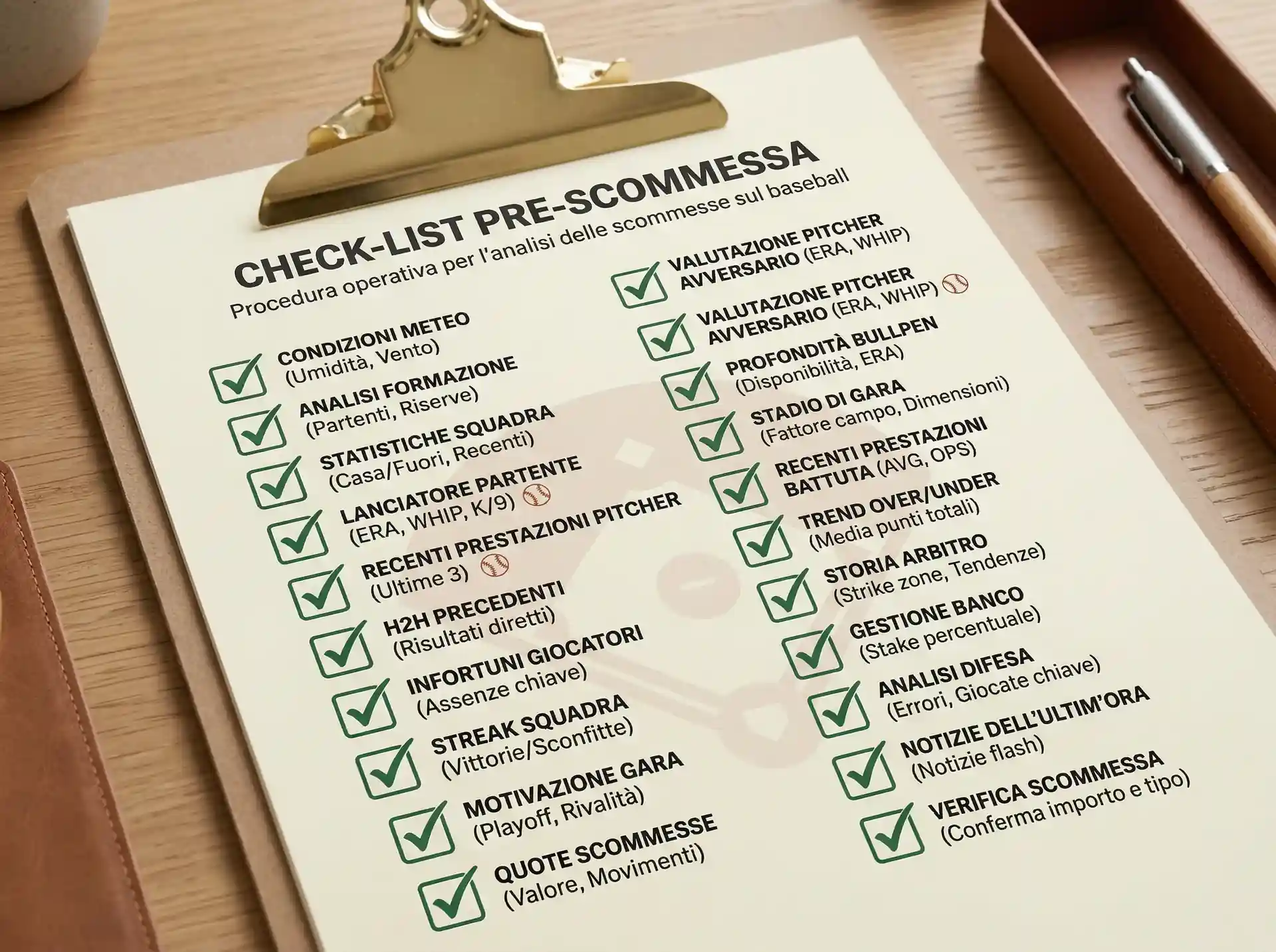 Checklist visiva con 10 controlli essenziali prima di scommettere su una partita di baseball