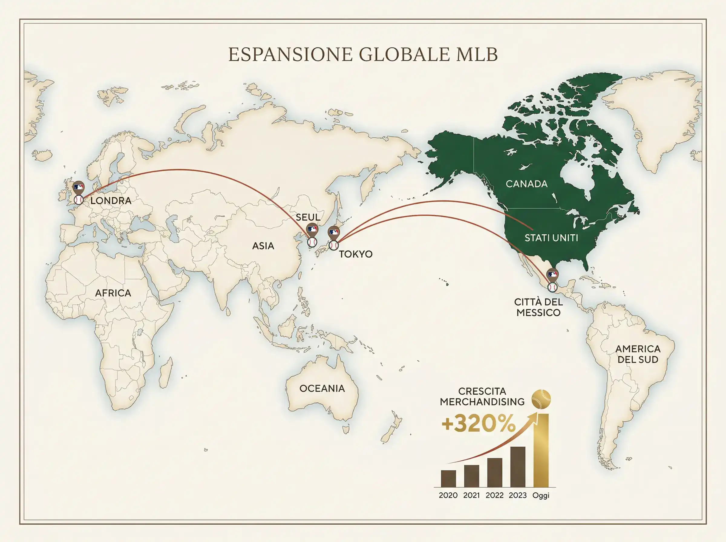 Mappa mondiale dell'espansione MLB con London Series Tokyo Series e nuovi mercati scommesse