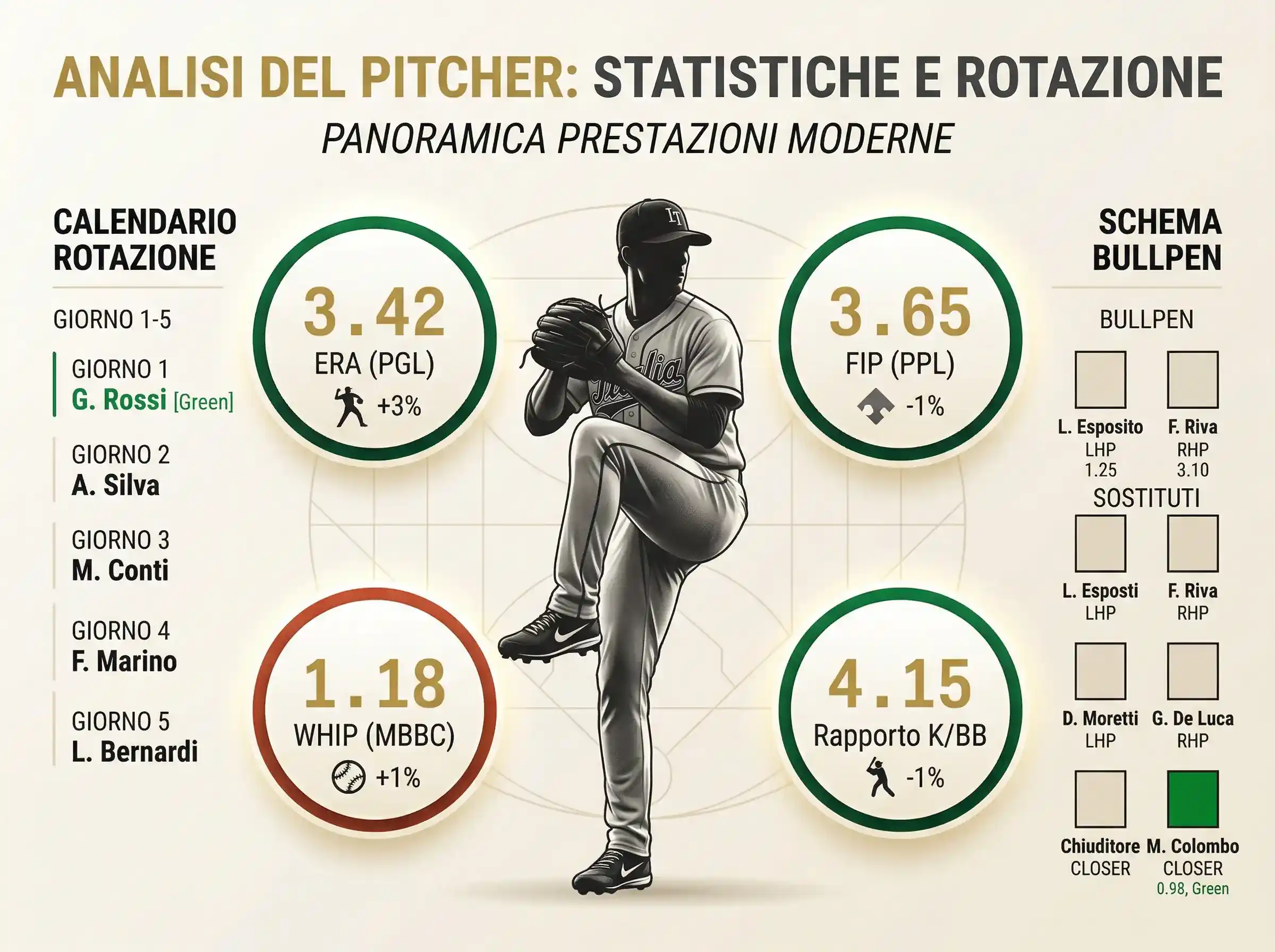 Starting pitcher sul monte di lancio con overlay di statistiche ERA FIP e impatto sulle quote